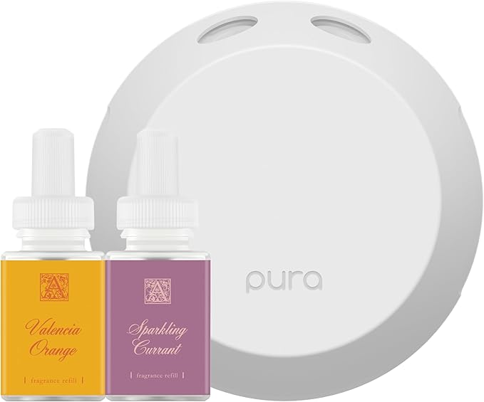 Pura Smart Home Fragrance Device Starter Set - Pura 4 - Scent Diffuser for Home - Includes Fragrance Aroma Diffuser - Square Box, Valencia Orange and Sparkling Currant Scent Refills