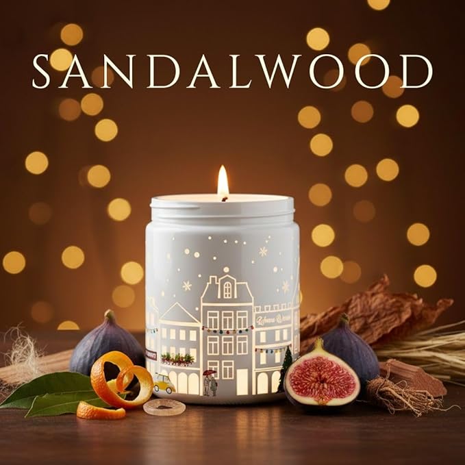 Sandalwood Scented Candle (White Jar), 40-Hour Burn, Dual Light Glow, Premium Soy Wax, Aromatherapy Candle for Bedroom & Bathroom, Cozy Holiday Gift Candle – 7oz (200g)
