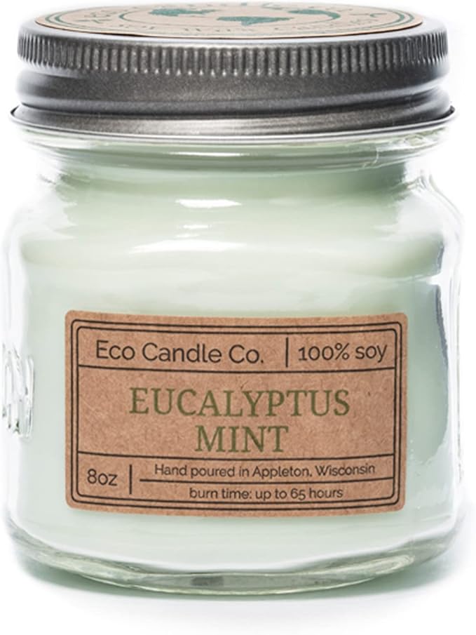 ECO CANDLE CO. Mason Jar Candle, Eucalyptus Mint, 8 oz. - Scents of Eucalyptus, Spearmint, & Peppermint - 100% Soy Wax, No Lead, Kraft Label & Antiqued Pewter Lid, Hand Poured, Midwest Grown Soybeans