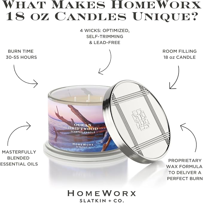 HomeWorx by SLATKIN + CO. Candle- Ocean Driftwood, 18 oz. 4-Wick Premium Scented Candle - 30-55 Hours Burn Time