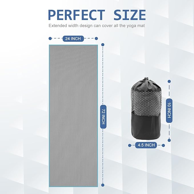 Eunzel Hot Yoga Towel - Microfiber Non Slip Yoga Mat Towel with Grip Dot Sweat Absorbent Towel for Hot Yoga, Pilates and Fitness 72" x 24", Grey/Blue