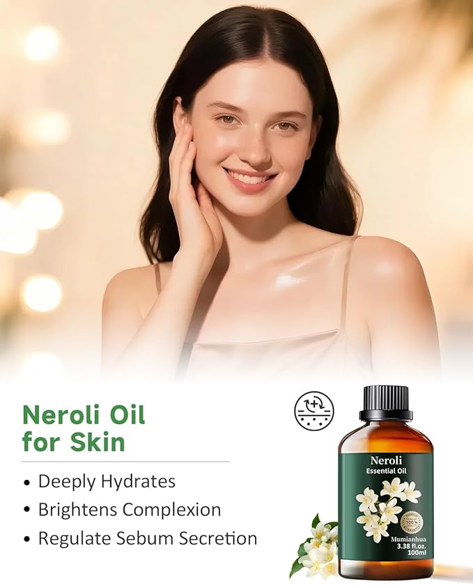 Neroli Essential Oil, Pure Neroli Oil Mumianhua Natural Orange Blossom Oil for Diffuser, Room Spray, Perfume & Women's Cologne | Citrus Floral for Aromatherapy, Candle & Soap Making 3.38 Fl Oz