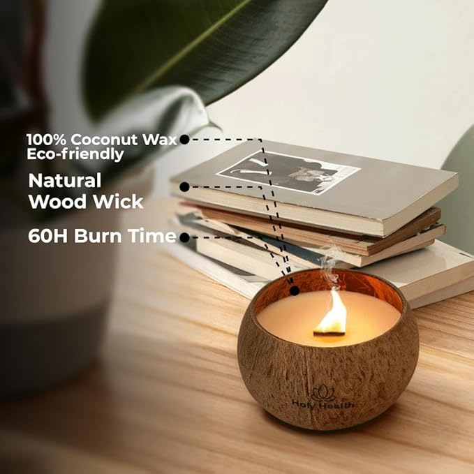 Holy Health® Coconut Scented Candle – Orange – Handmade in Natural Coconut Shell with Natural Wood Wick – Sweet & Energizing Aroma – Real Coconut Wax. Free Holy Health® Totebag.