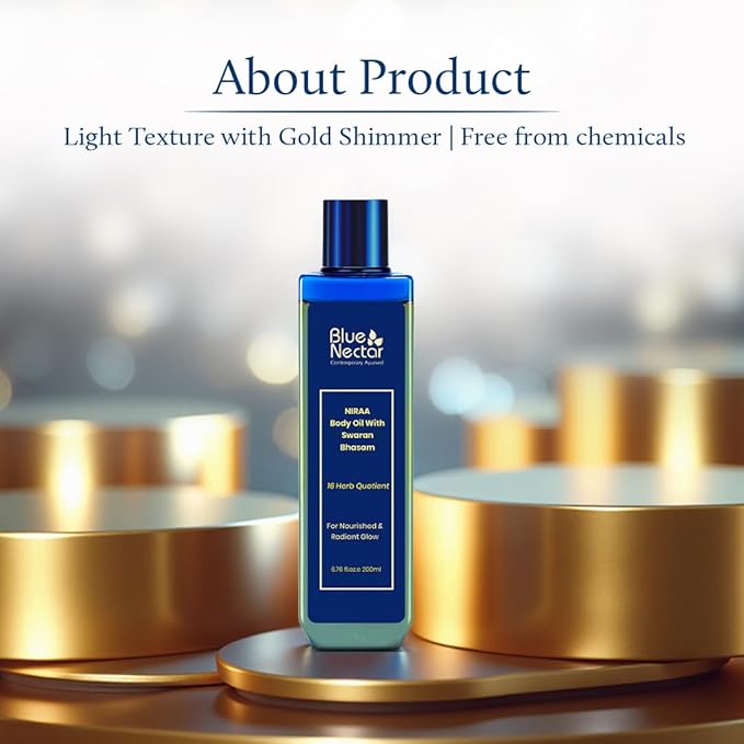 Blue Nectar Body Oil with Swaran Bhasam for Glowing Skin | Ayurvedic Body Oil for Dry Skin | Nourishing Oil with Gold & Shimmer (16 Herbs, 6.76 Fl Oz)