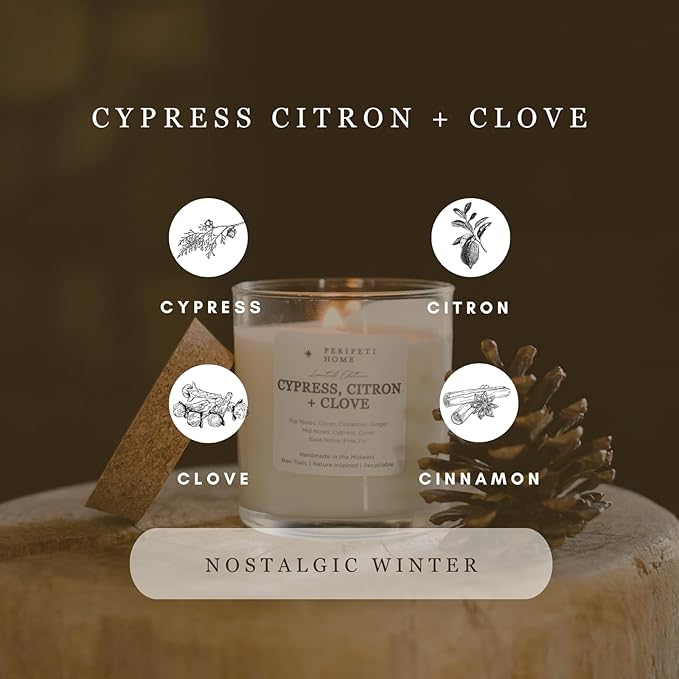 PERIPETI Home Cypress, Citron + Clove Scented Candle – 8.5oz Wooden Wick, Natural Soy Wax, Long-Lasting Burn for Cozy Holiday Aromatherapy