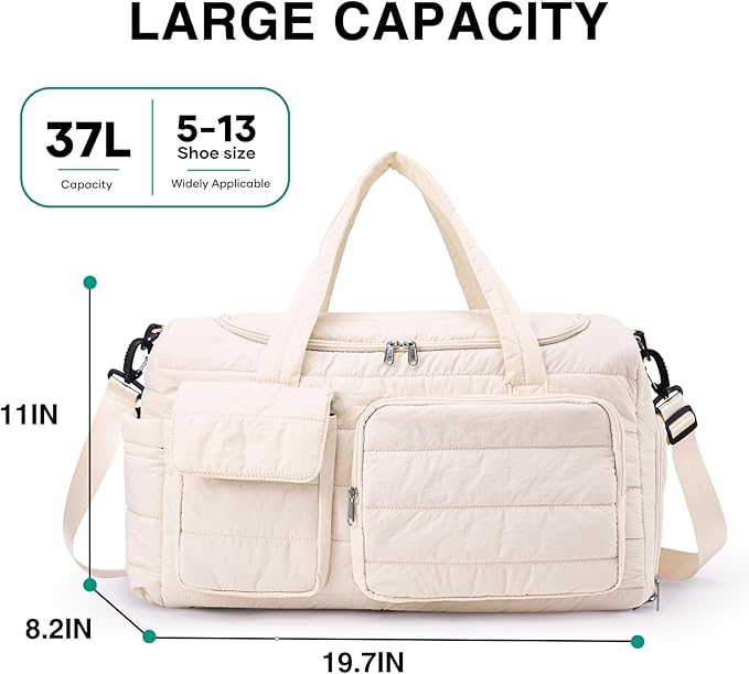 Quilted Gym Bag for Women, Cute Travel Duffel Bag with Shoe Compartment & Wet Pocket, Lightweight Puffer Weekender Overnight Bag, Travel Carry On for Sport, Hospital, Yoga