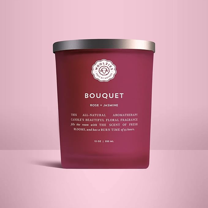 Woolzies Natural Soy Wax Candle | Hand Poured, Long Lasting, Reusable Glass Jar Scented Candle | 12 OZ (Bouquet Rose + Jasmine)