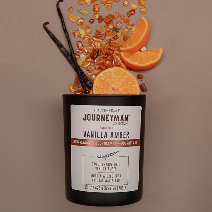 Journeyman Collection Candle, 15oz, Wooden Wick, Vanilla Amber, Large Painted Jar
