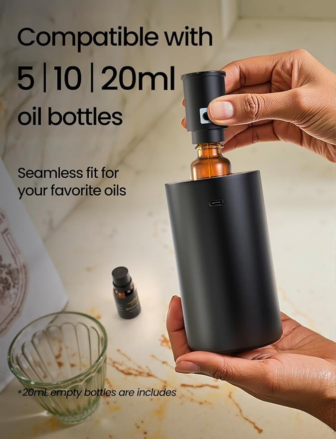 Waterless Essential Oil Diffuser, Rechargeable Scent Diffusers with 3 Mist Levels & Timers, Portable Aromatherapy Diffuser for Home Car Room Studio Office, Black Metal 2 Pack