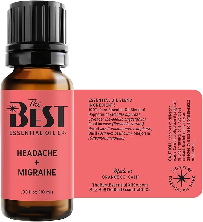 The Best Headache + Migraine Essential Oil Blend- Premium Grade- 100% Pure & Natural for Aromatherapy, Diffuser, Spa, Massage, Air Freshener- 10 ml (.33 fl oz)