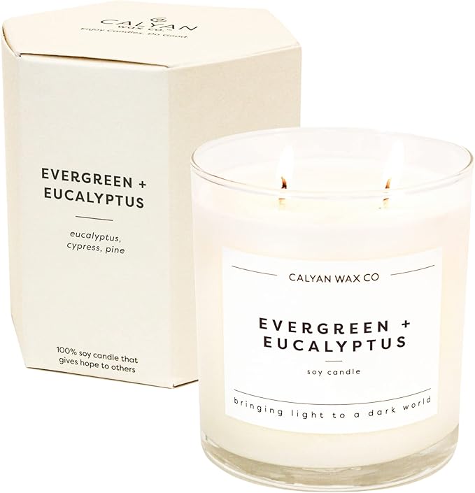 Calyan Wax Co. Evergreen & Eucalyptus 2 Wick Scented Candle - 37 Hour Burn - Luxury Non Toxic Soy Wax Candles - Long Lasting Large Glass Jar Candle for Home - 8.8oz