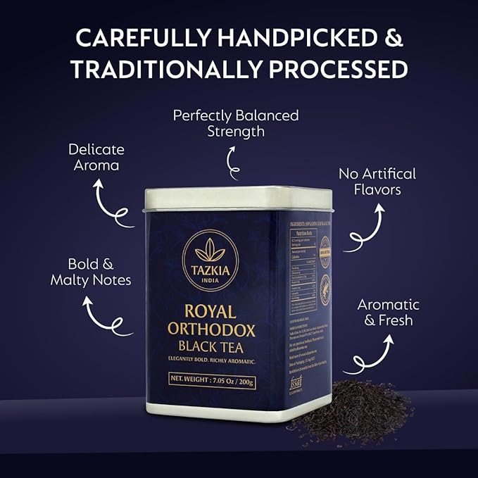 Tazkia Royal Orthodox Black Tea Loose Leaf – Premium Indian Black Tea, Rich Aroma & Bold Flavor, Freshly Harvested Whole Leaf Tea, Elegant Tin Pack, 7.05 oz
