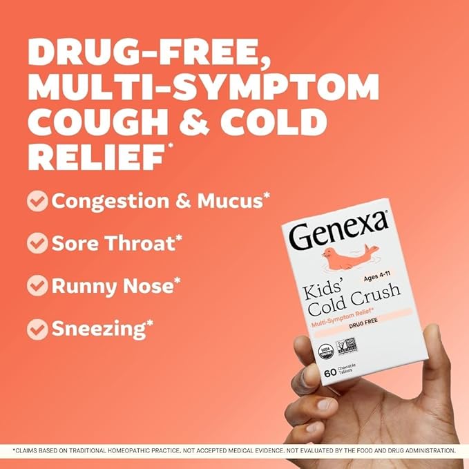 Genexa Kids' Cold Crush | Multi-Symptom Cough & Cold Relief for Children | Delicious Organic Acai Berry Flavor | Certified Organic & Non-GMO | Homeopathic Remedy Made Clean | 180 Chewable Tablets