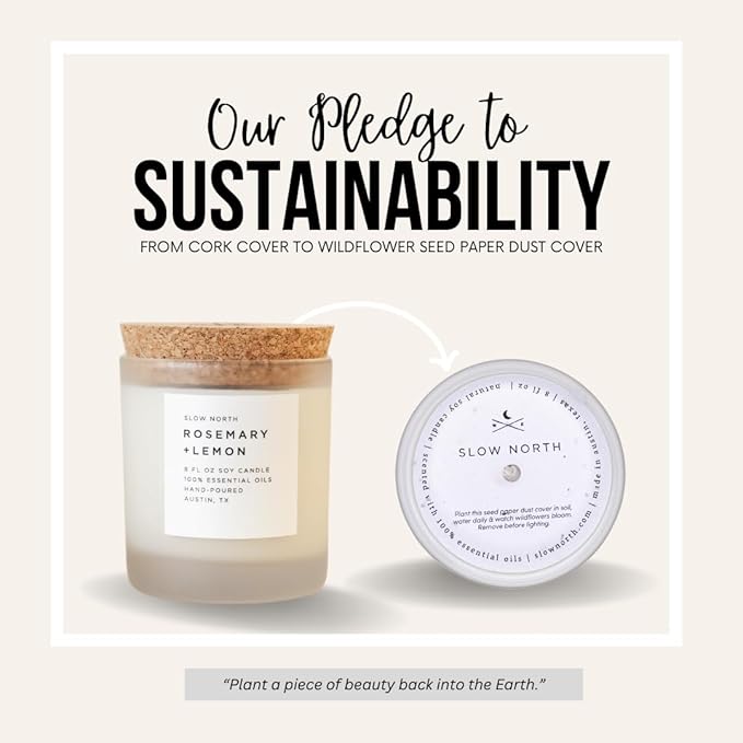 Slow North Rosemary + Lemon Candle - Essential Oils and Pure Soy Wax Candle in a Reusable Frosted Glass Jar - A Unique Scented Candle Hand-Poured in The USA (8 oz)