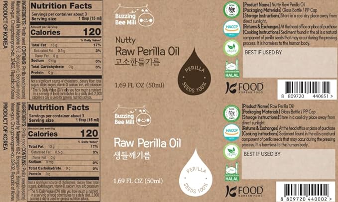 Korean Food Perilla Oil Mini Set (2 × 1.69 fl oz / 50 ml), Raw & Nutty Cold-Pressed Perilla Oils from 100% Korean Perilla Seeds, 냉온압착 들기름