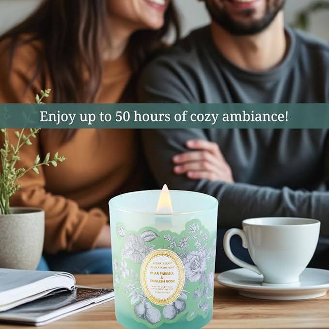 Pear Freesia & English Rose Wood Wick Soy Scented Candle | Aromatherapy Stress Relief Candle for Home 10.6 oz | Long-Lasting Clean Burn | Gift for Women & Men