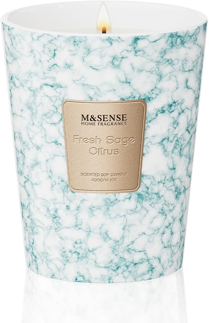 M&SENSE Fresh Sage Citrus Scented Soy Candle, 3 Wick Highly Scented 14.1 Oz 80H, Aromatherapy Christmas Gift for Women and Men