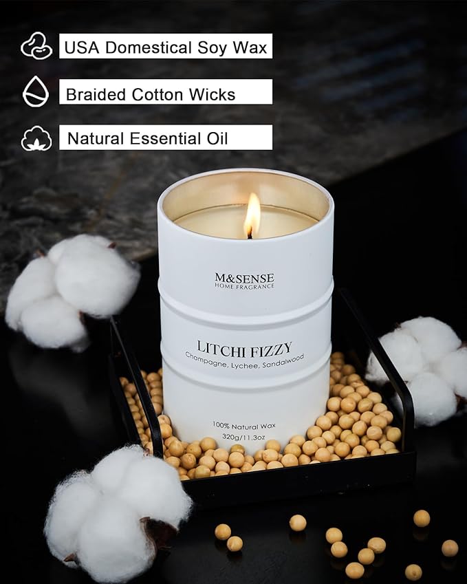 M&SENSE Soy Candles Litchi Fizzy Scented 11.3oz 70 Hour Long Lasting Natural Wax Non Toxic, Summer Candle Cozy Home Decor, Relaxing Aromatherapy Gifts for Women Mom Girlfriend