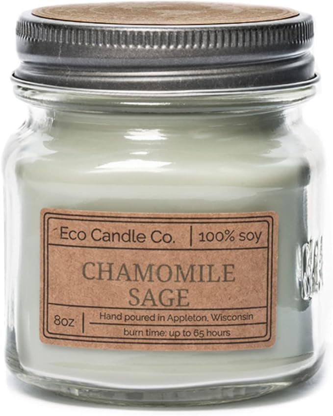 ECO CANDLE CO. Mason Jar Candle, Chamomile Sage, 8 oz. - Scents of Sage & Chamomile - 100% Soy Wax, No Lead, Kraft Label & Antiqued Pewter Lid, Hand Poured, Made from Midwest Grown Soybeans