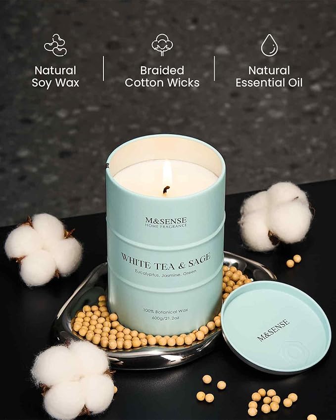 M&SENSE White Tea Sage Scented Candles Large, Natural Soy Candles 21.2oz 120 Hour Slow Burning,Aromatherapy Candle for Stress Relief Meditation Relaxing