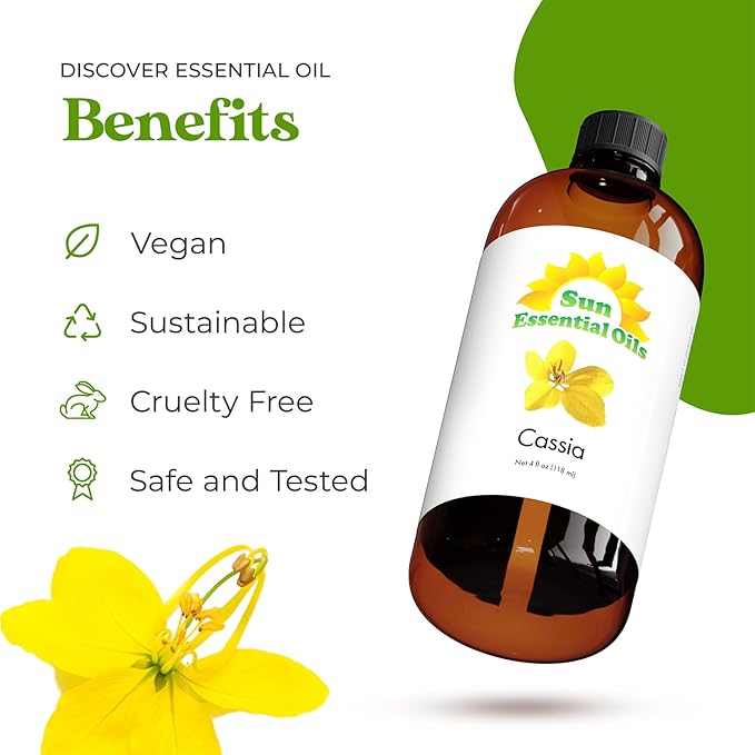 Sun Essential Oils - Cassia 4oz Bottle for Diffuser, Humidifier, Aromatherapy, Hair and Skin Care - Cassia Oil - Aromatherapy Oil