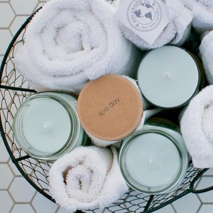 ECO CANDLE CO. Mason Jar Candle, Spa Day, 8 oz. - Scents of Flowers, Musk, Melon, Citrus, & Ocean Air - 100% Soy Wax, No Lead, Kraft Label & Antiqued Pewter Lid, Hand Poured, Midwest Grown Soybeans