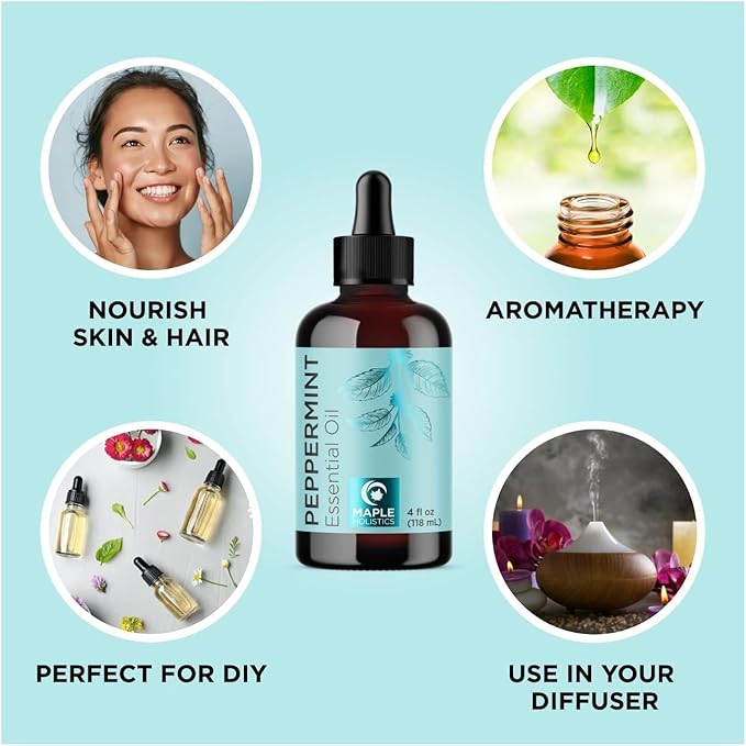Peppermint Essential Oil for Diffuser Aromatherapy - 100% Pure Peppermint Oil for Hair Skin and Nails Plus Undiluted Refreshing Aromatherapy Essential Oil for Diffusers Baths and Topical Uses 4oz