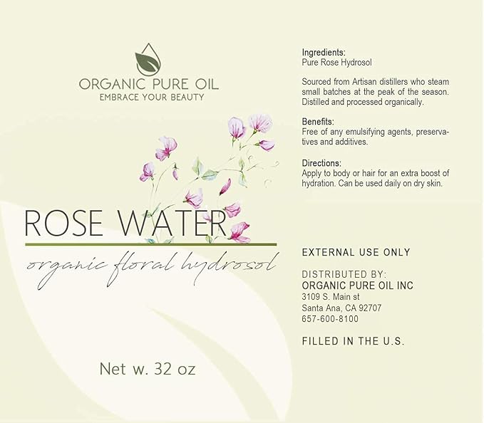32 oz Rose Hydrosol Water – 100% Pure Rosewater Spray Mist Bulk – Hydrating Face Toner Rose Water for Skin and Hair Linen Spray for Sheets Room Freshener Body Spray Refill by Organic Pure Oil