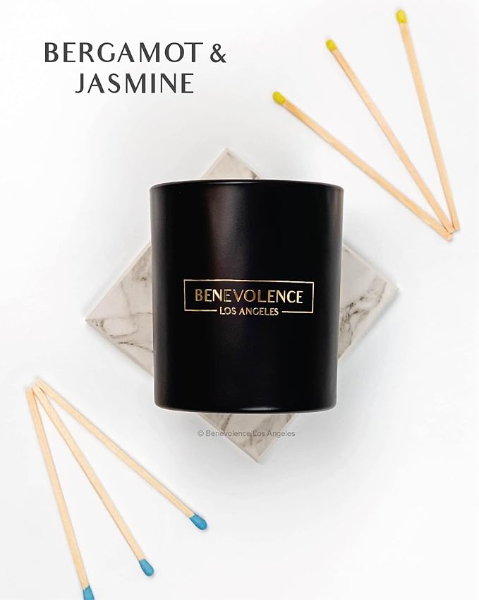 Benevolence LA Bergamot & Jasmine Christmas Scented Candles | Soy Candles, Black Candle for Home | Holiday Candle Gifts for Women and Men | Home Fragrance | Aromatherapy | 8oz, 45 Hour Burn
