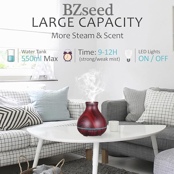 BZseed Aromatherapy Essential Oil Diffuser 550ml 12 Hours Wood Grain Aroma Diffuser with Timer Cool Mist Humidifier for Large Room, Home, Baby Bedroom, Waterless Auto Shut-off,7 Colors Lights Changing