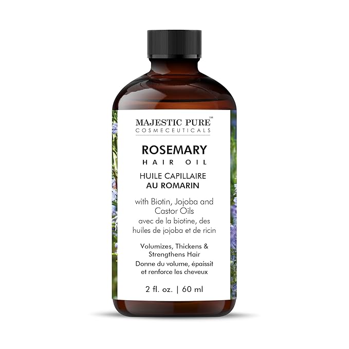 Majestic Pure 100% Pure Rosemary Oil For Hair Growth - Strengthening, Nourishing, Volumizing - Infused with Biotin Oil, Jojoba Oil & Castor Oil - Non GMO Verified - 2 Fl Oz