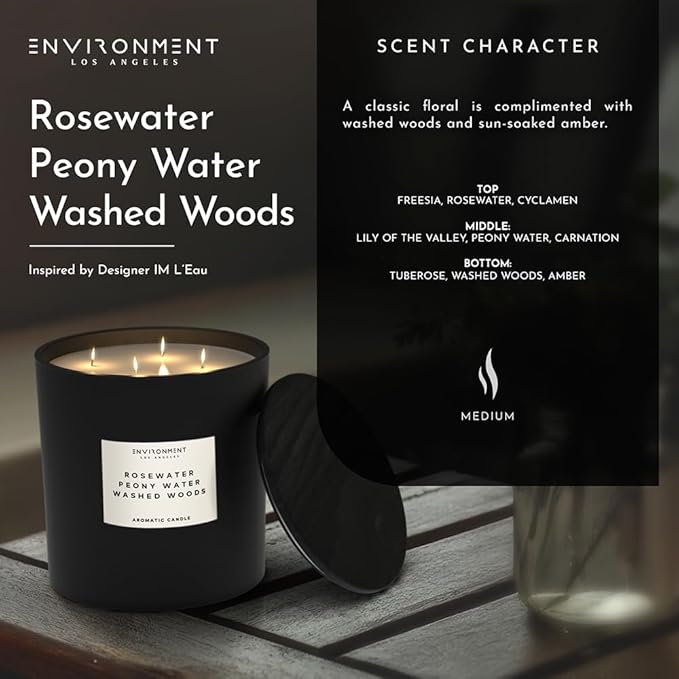 ENVIRONMENT Inspired by Designer Perfume IM L'Eau Candle, 55oz Luxury Coconut Wax Candles for Home (Rosewater | Peony Water | Washed Woods) Home Fragrance Products, 4 Wick Candle, Vegan & Cruelty-Free