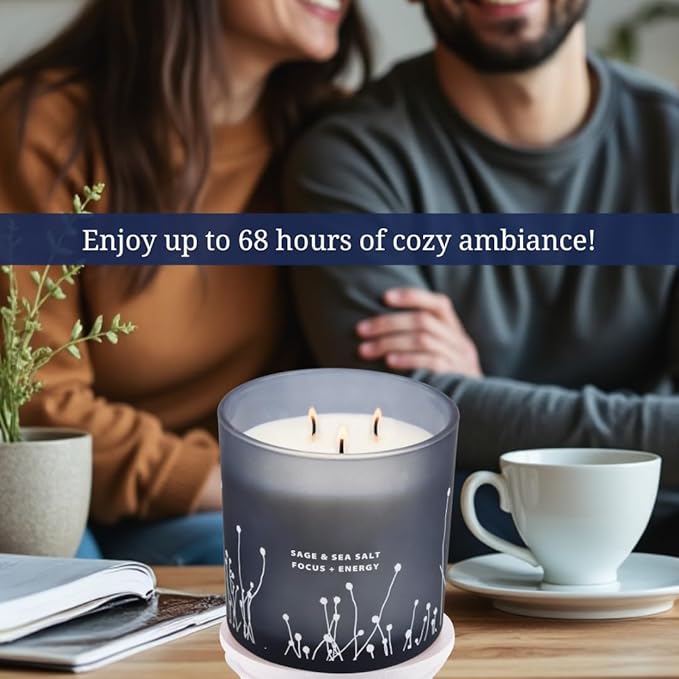 White Sage Sea Salt 3 Wick Candle - Large Soy Scented Candle 14.5 oz - Sage Candle for Cleansing House - Aromatherapy Energy Cleansing Candle for Home, Stress Relief, Women & Men