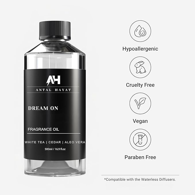 Dream on Essential Oil Scent 500mL - Luxury Home Aromatherapy Diffuser Oil - Formulated with Hints of Bright White Tea, Sweet Vanilla, & Earthy Cedar - Inspired by One Hotel Miami Beach