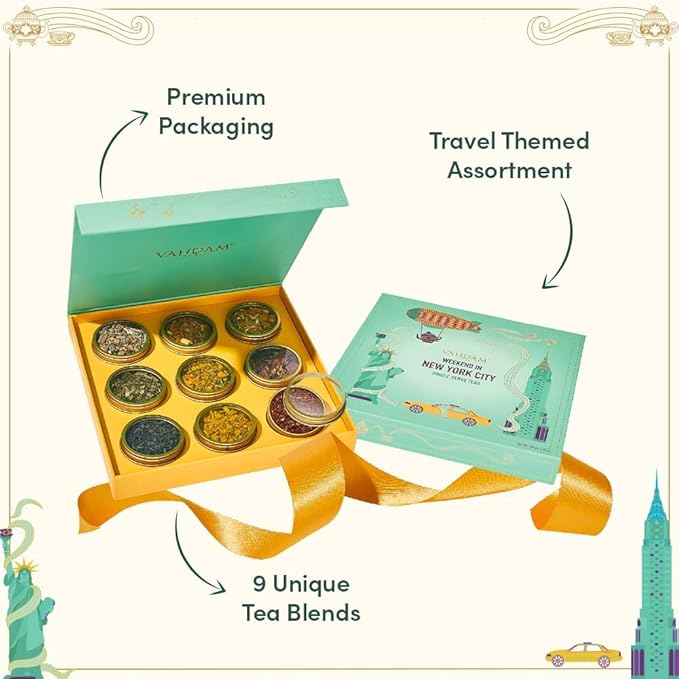 VAHDAM, Weekend In New York Tea Gift Set Travel Edition Gift Box | 9 Varieties - Green, Herbal & Black Tea | Gluten Free, Non GMO | Gifts for Women & Men,
