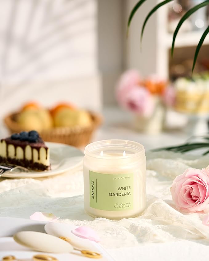 M&SENSE White Gardenia Scented Candle - 11.6oz Natural Soy Wax 70-Hour Long Lasting Burn Time Non Toxic, 2-Wick Spring Flower Candle for Home Decor Slow-Burning Aromatherapy Gifts