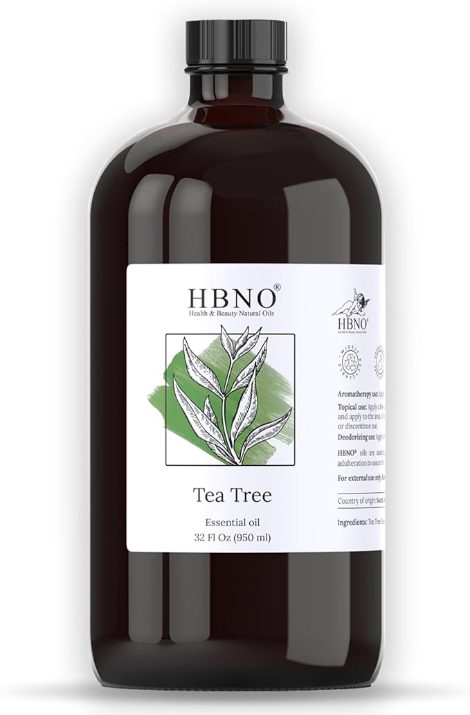 HBNO Tea Tree Oil - Huge 32 oz (950ml) Large Size - Ideal for Diffusers, Cleaning Agents, Deodorizers, and Flavoring Agents (Glass Bottle).
