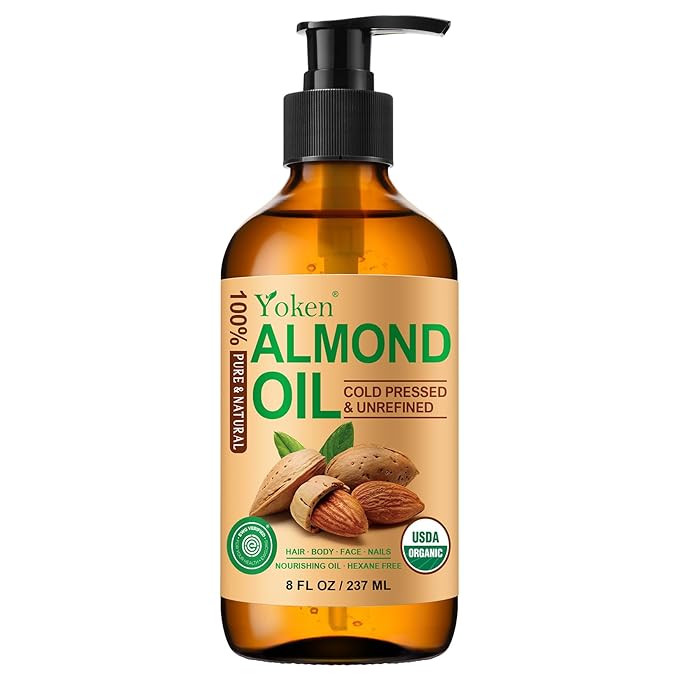 Organic Almond Oil 8 fl oz, USDA 100% Pure Natural Cold Pressed Almond Oils in Glass Bottle, Moisturizing Carrier Oil for Face, Hair & Body - Ideal for Skin Care, Soothing Massage & DIY Beauty