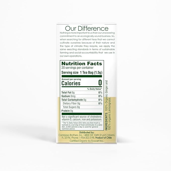 Garden of the Andes - Organic Ginger Lemongrass Tea - 20 Tea Bags/Box, Pack of 6 (120 ct.) - Caffeine-Free Herbal Infusion - Supports Digestive Wellness & Calming Comfort