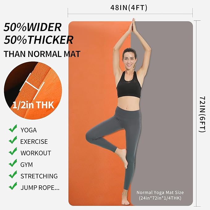 Hatha Yoga Large TPE Yoga Mat 6'x4'x1/2" Extra Thick Non-Slip Exercise Mat - for Yoga Pilates & Home Gym Workouts