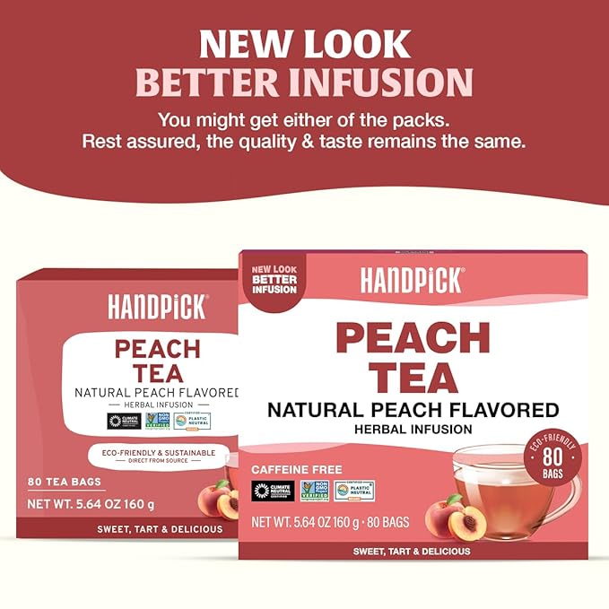 HANDPICK, Peach Tea Bags (80 Count) Non-GMO, Caffeine-Free - Peach, Hibiscus, Cinnamon, Cloves, Ginger | Floral & Refreshing Herbal Tea Bags, Brew Iced Tea or Hot Tea