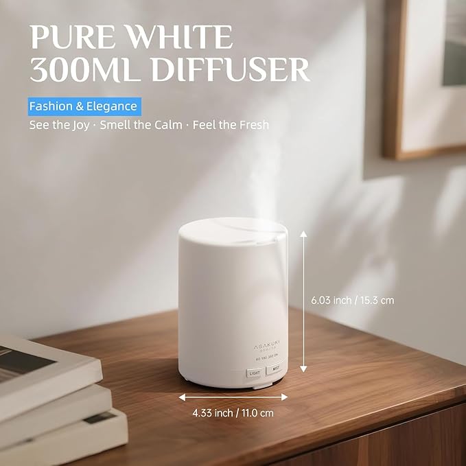 ASAKUKI Essential Oil Diffuser, 5-in-1 Quiet Humidifier, Home Fragrance Aroma Diffuser with 7 LED Color Changing Light and Auto-Off Switch (Pure White)