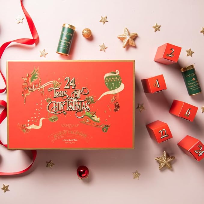 VAHDAM, Assorted New Year Tea Gift Set (500g/17.63oz) 24 Unique Loose Leaf Teas in Tin Caddies - Exclusive Holiday Gift Box | New Year 2026 Presents For Women, Men & Adults