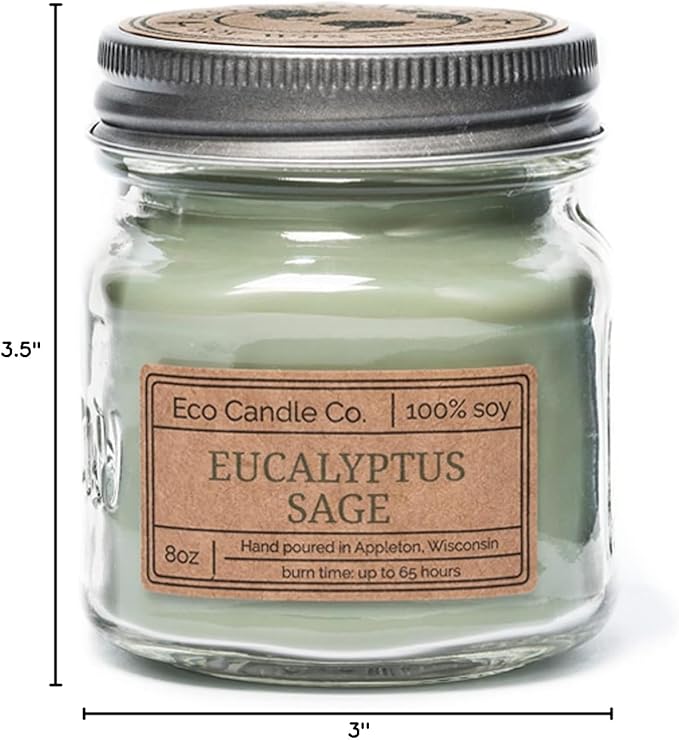ECO CANDLE CO. Mason Jar Candle, Eucalyptus Sage, 8 oz. - Scents of Eucalyptus, Sandalwood, Rosemary, & Sage - 100% Soy Wax, No Lead, Kraft Label & Antiqued Pewter Lid, Hand Poured, Midwest Soybeans