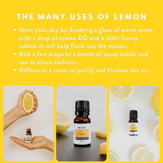 Lemon Essential Oil by Revive Essential Oils - REVIVEEO - 100% Pure Therapeutic Grade, for Diffuser, Humidifier, Massage, Aromatherapy, Skin & Hair Care