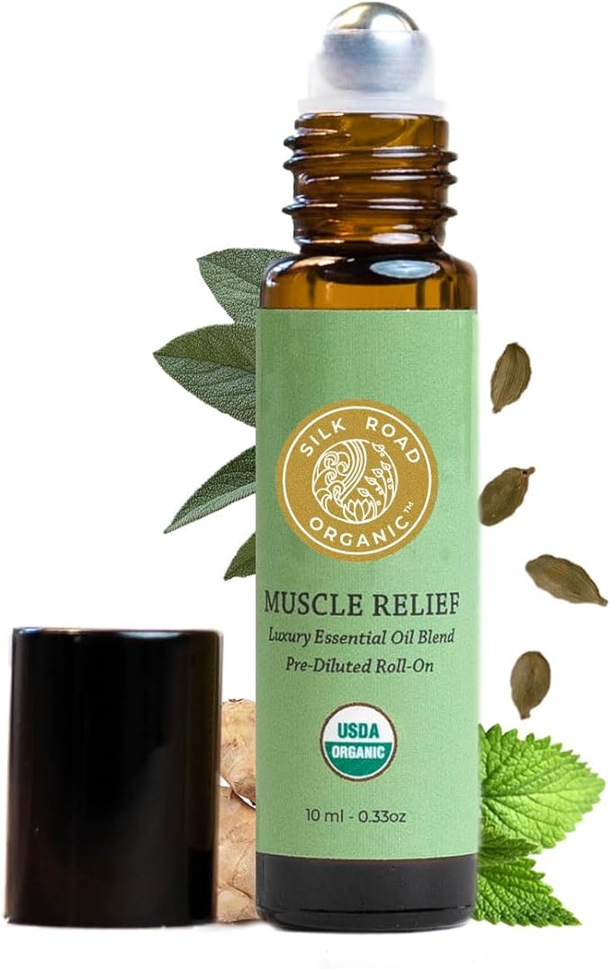Silk Road Organic Muscle Relief Essential Oil Blend Roll On for Muscle Aches & Stiff Joints | USDA Certified Aromatherapy with Peppermint & Ginger - 10 ml Roller