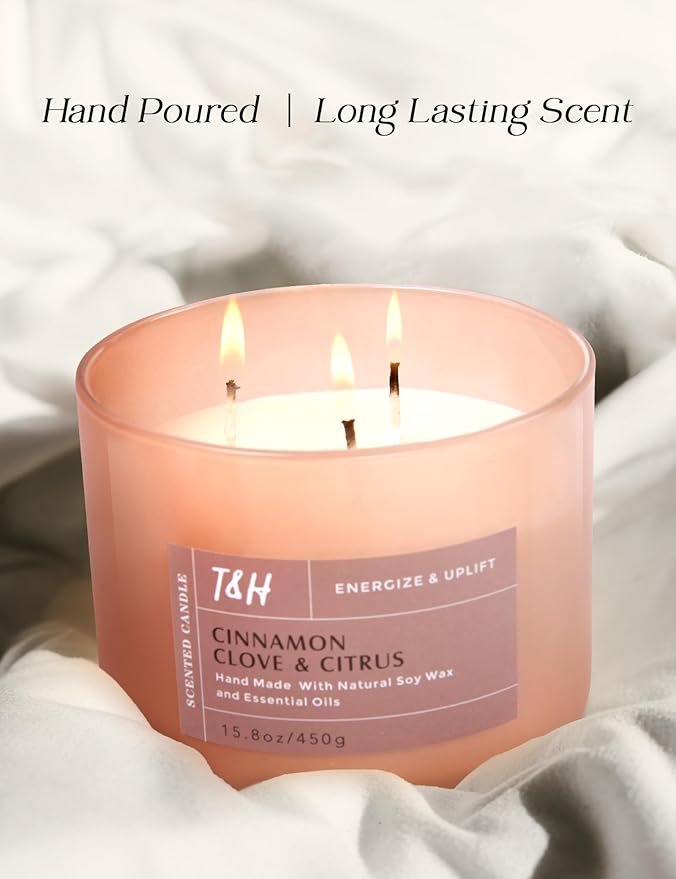 Cinnamon Clove & Citrus 3-Wick Soy Scented Candle, 15.8 oz Large Jar, Spiced Orange Clove Aromatherapy Candle, Winter Home Fragrance, Long Lasting, Clean Burning