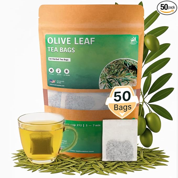 Olive Leaf Tea Bags – 50 Bags (Premium Dried Olive Leaf Tea - 50 Count), Natural Extract Caffeine-Free Herbal Tea for Health & Immune Support