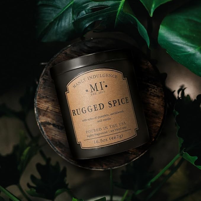 Manly Indulgence Rugged Spice Scented Candles for Men, 2 Wick, 16.5 oz, Premium Soy Blend Wax, 60H Burn, Candles for Home Scented - Made in The USA