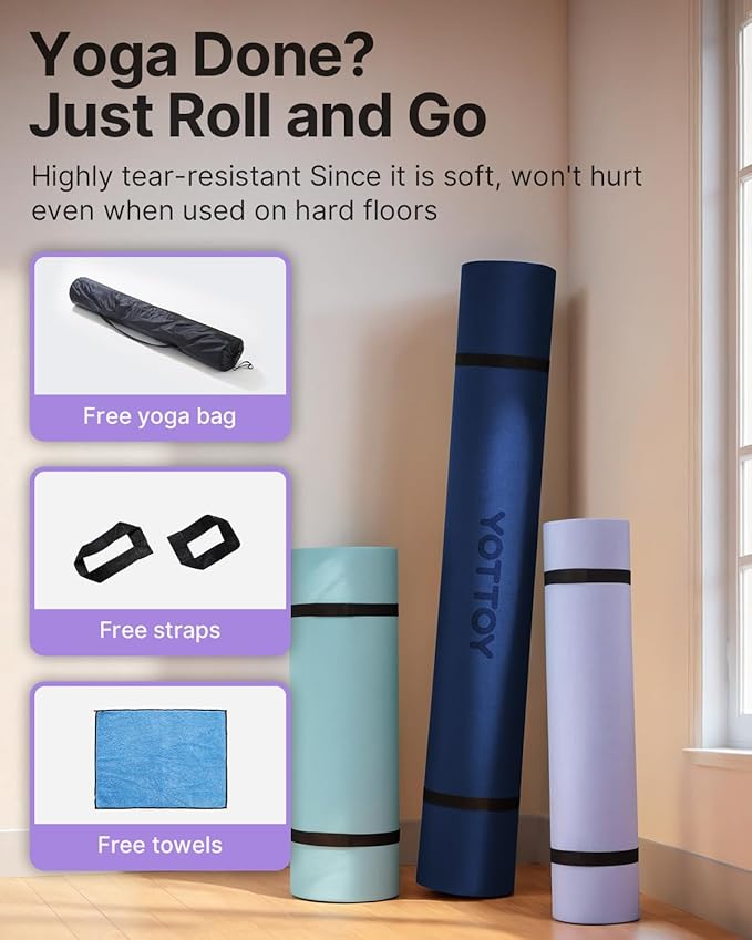 YOTTOY Large Yoga Mat (75 * 52 * 1/2inch),Extra Wide TPE Exercise Mat,Non-Slip Workout Mat for Pilates, Fitness, Barefoot, Home Gym Studio with Strap and Towel